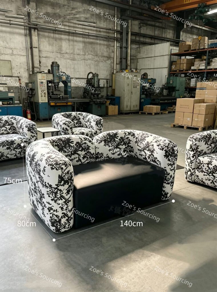 Bulk printed commercial lounge sofas by Zoe Sourcing with optimized factory lead time scheduling solutions