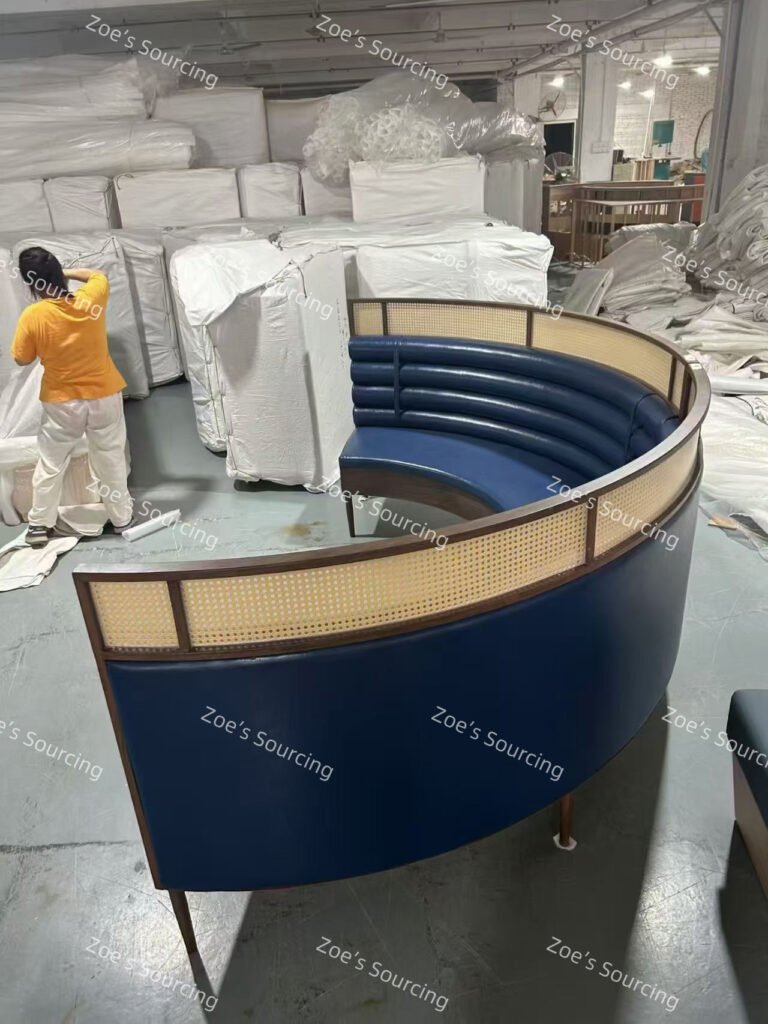 Printed bulk commercial sofas in factory workshop, Why choose Zoe's Sourcing for bulk commercial furniture orders with factory lead time issues